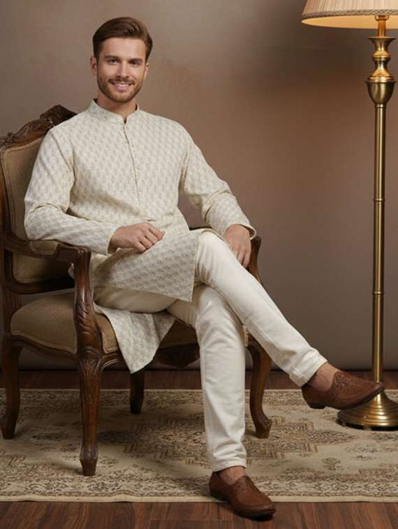 men printed mandarin neck long kurta - 22332045 -  Standard Image - 3