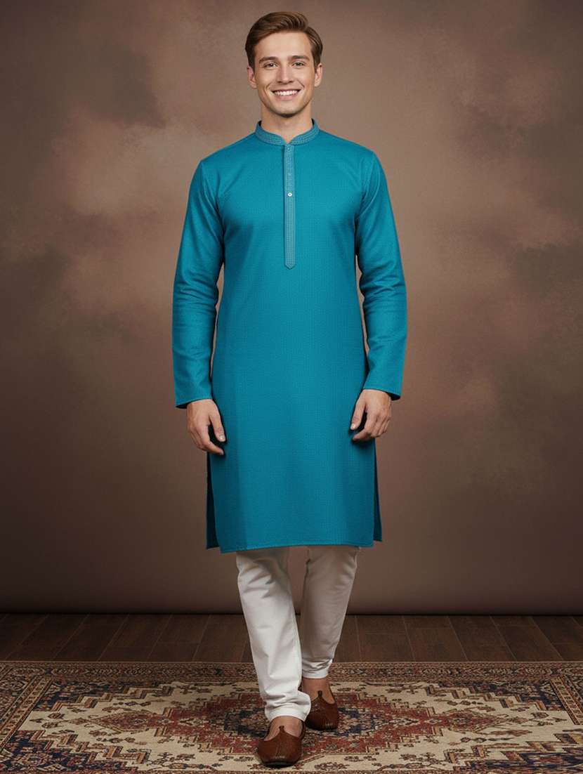 men self design mandarin neck long kurta