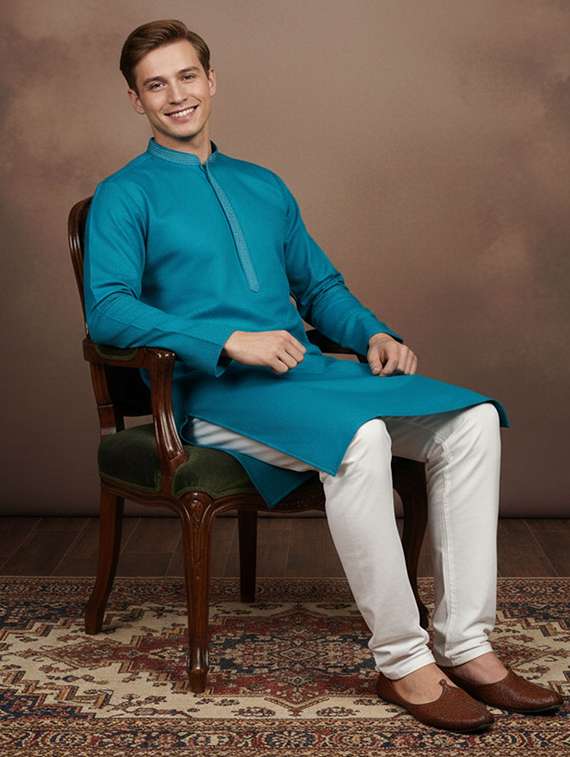 men self design mandarin neck long kurta - 22332048 -  Standard Image - 3