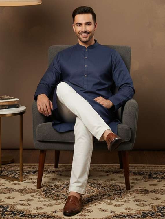 men self design mandarin neck long kurta - 22332053 -  Standard Image - 3