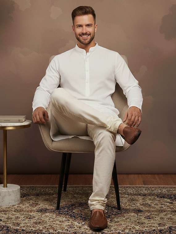 men self design mandarin neck long kurta - 22332057 -  Standard Image - 3