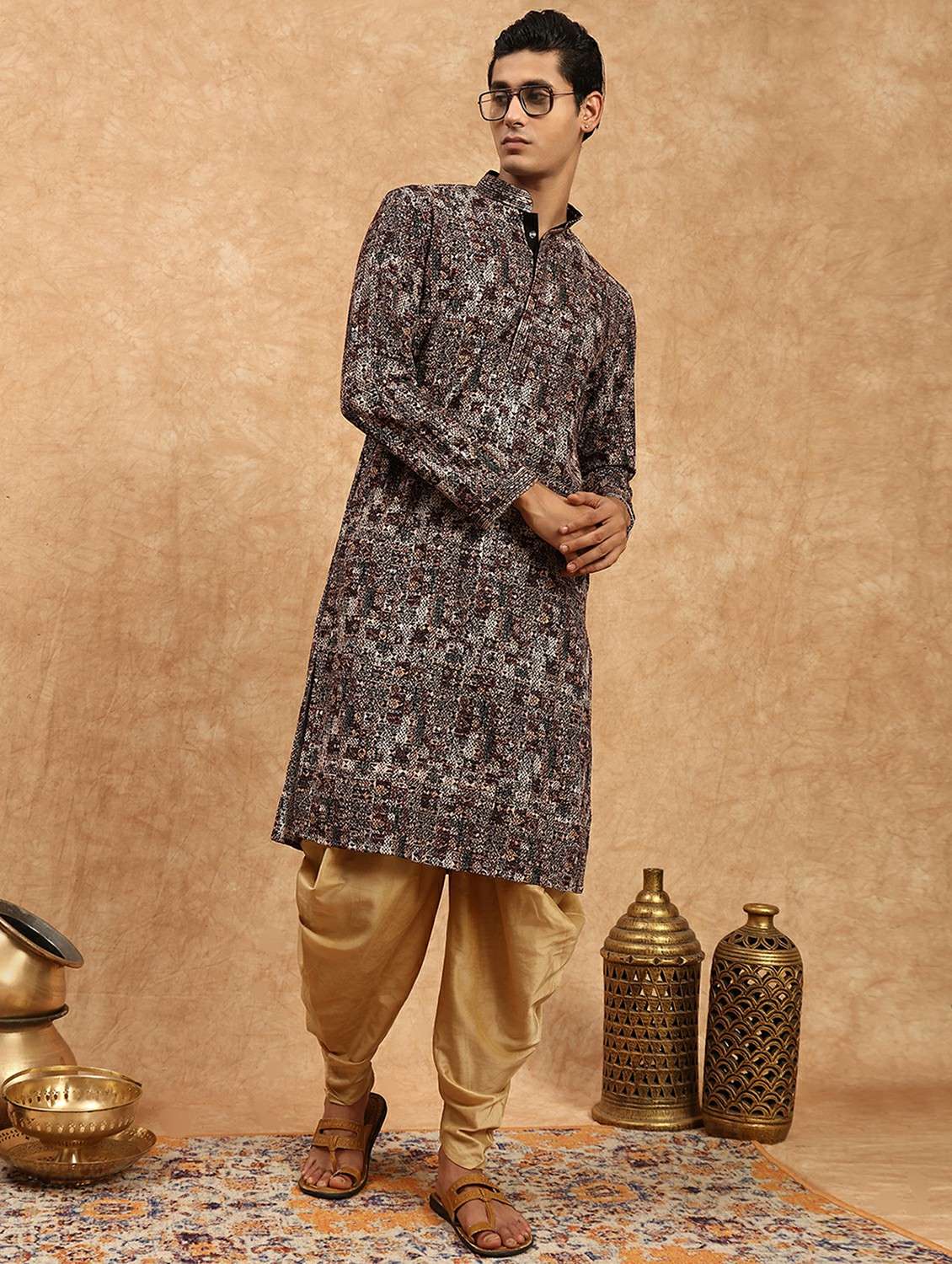 men printed mandarin neck long kurta
