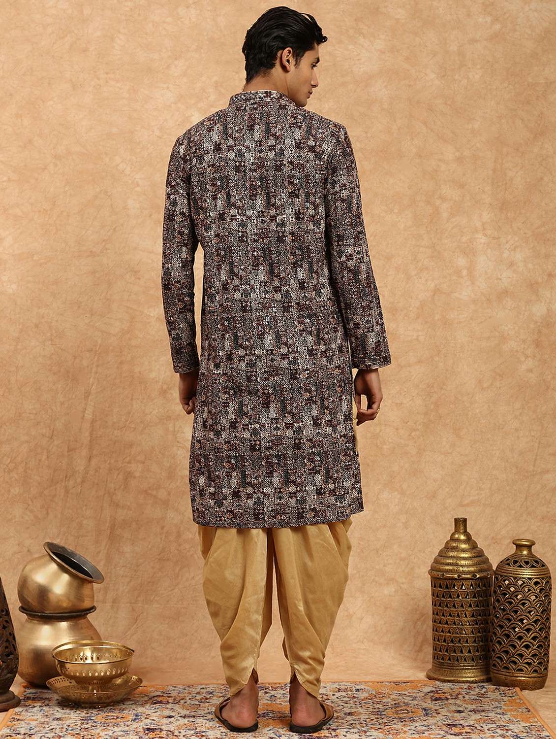 men printed mandarin neck long kurta - 22332067 -  Standard Image - 3