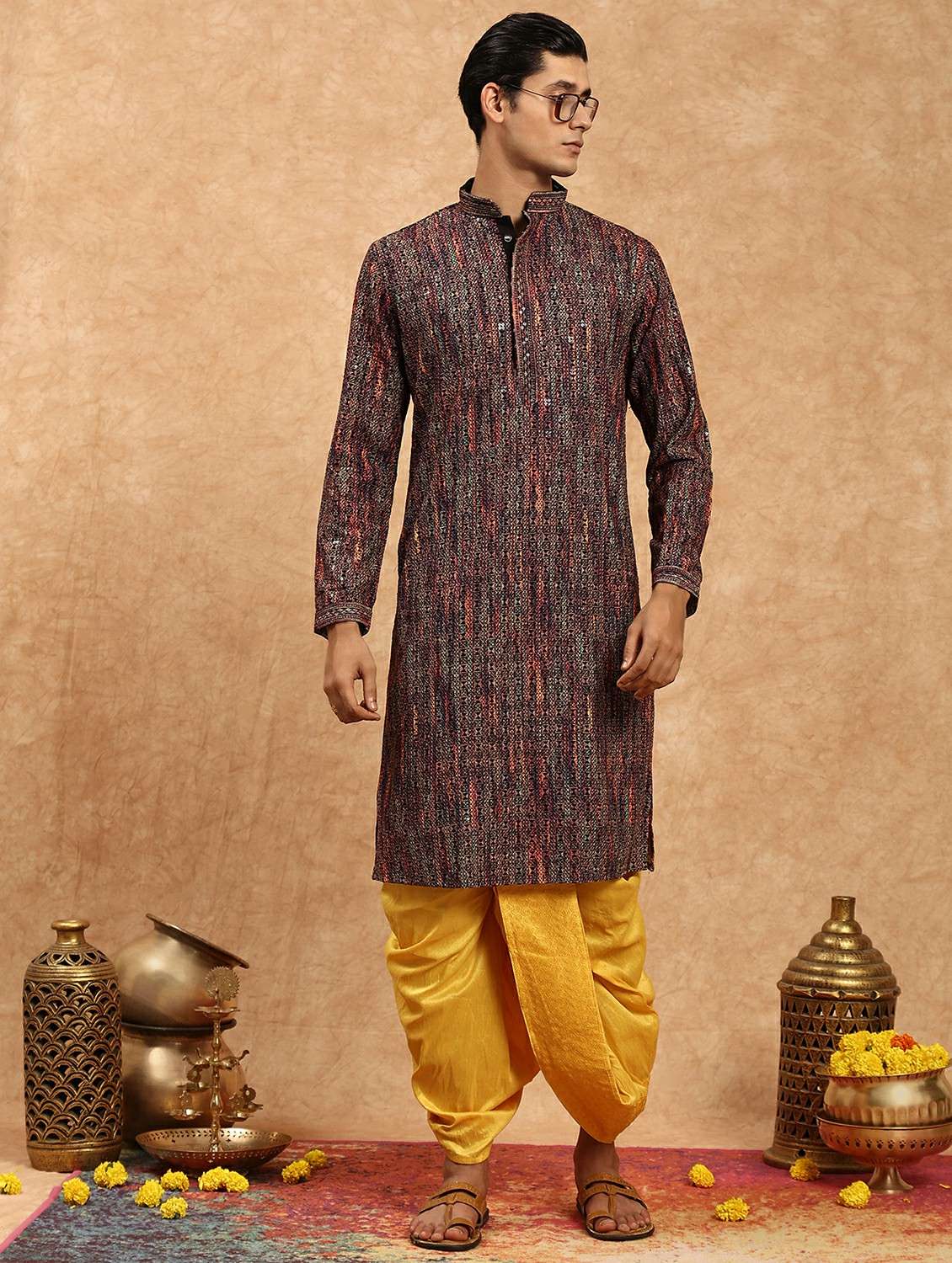 men printed mandarin neck long kurta