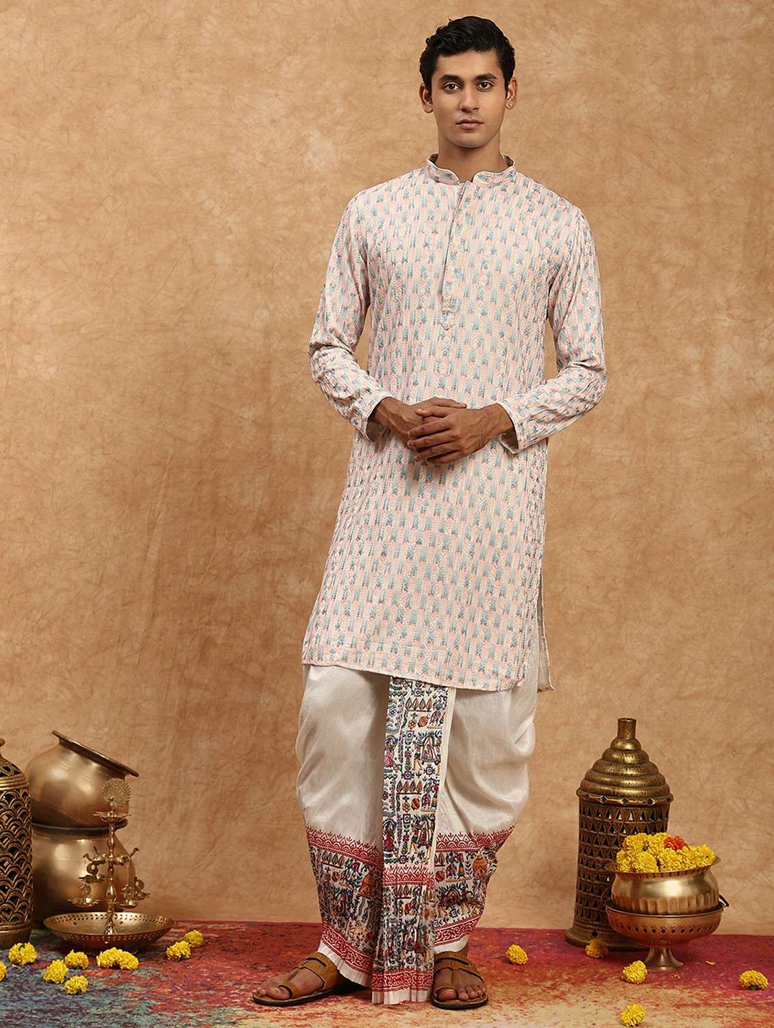 men solid with work mandarin neck long kurta
