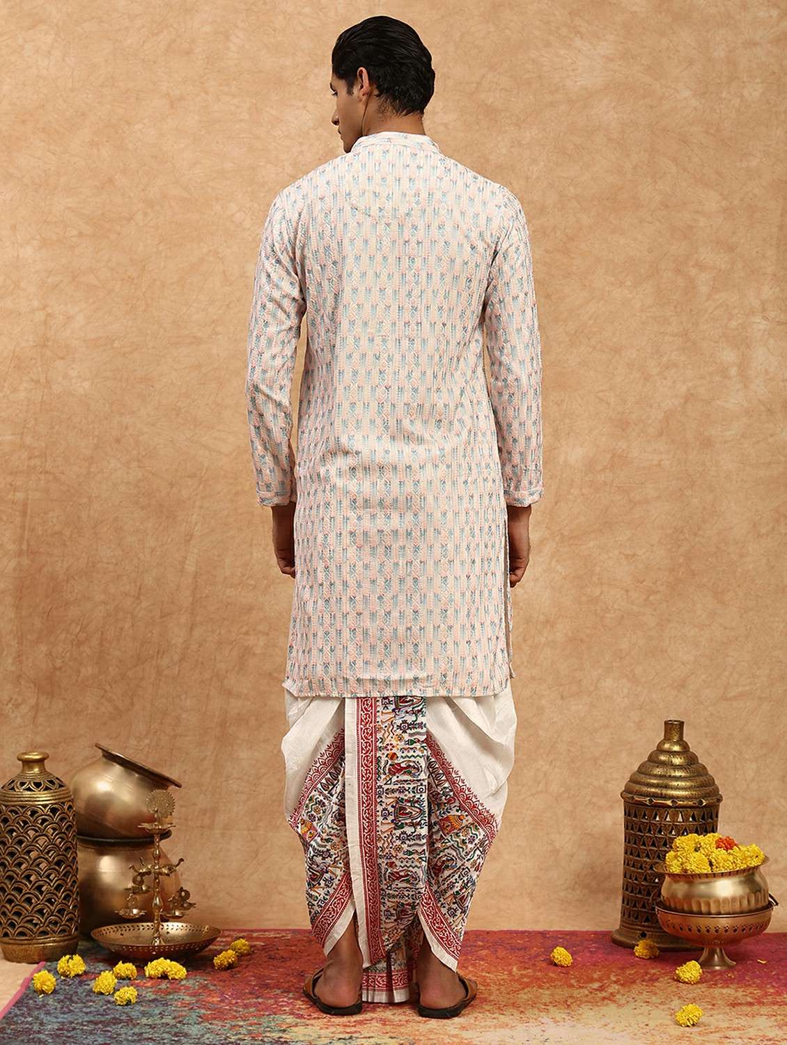 men solid with work mandarin neck long kurta - 22332075 -  Standard Image - 3