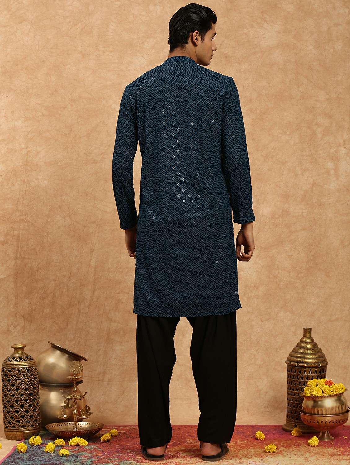 men solid with work mandarin neck long kurta - 22332079 -  Standard Image - 3
