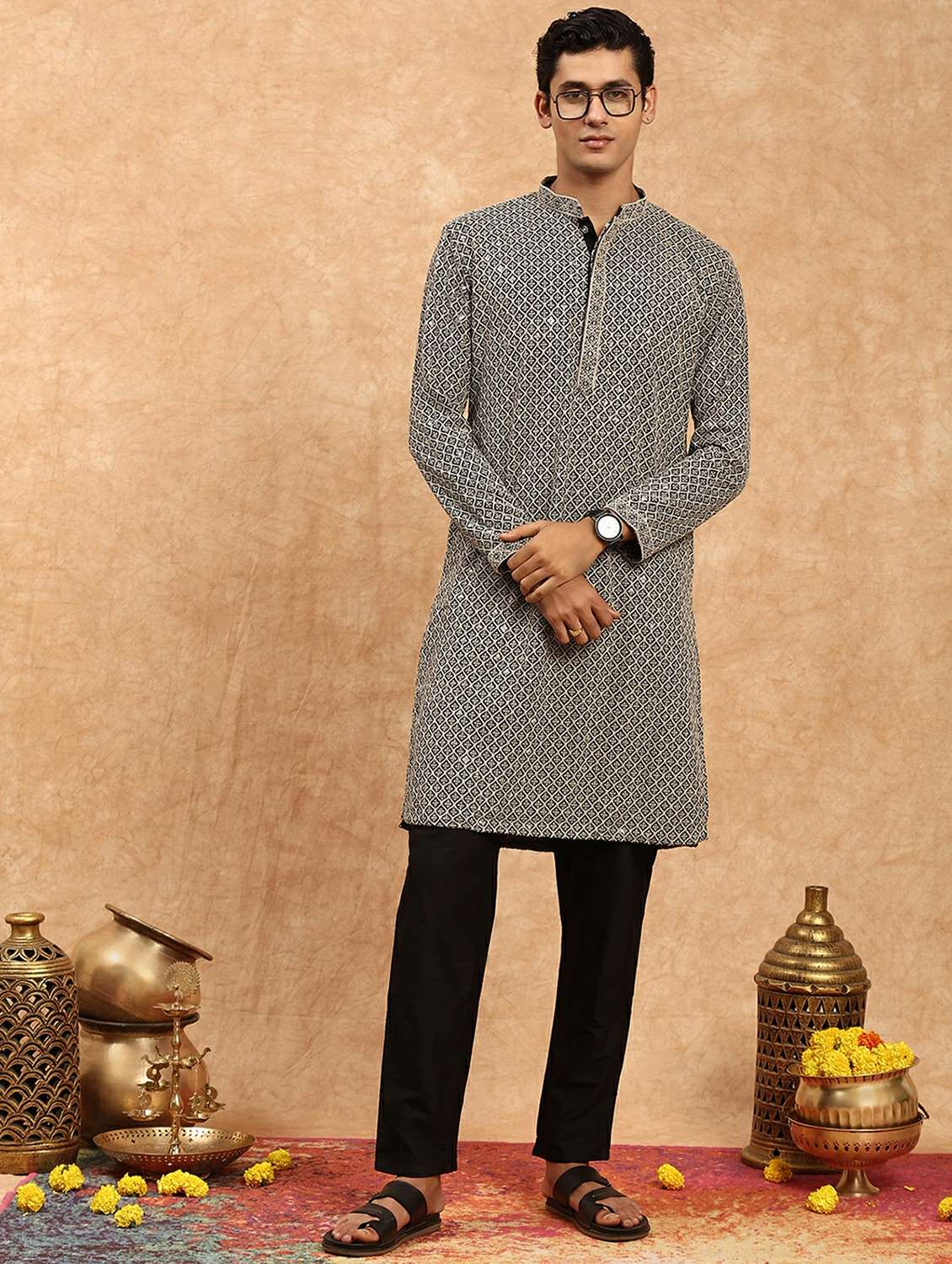men solid with work mandarin neck long kurta