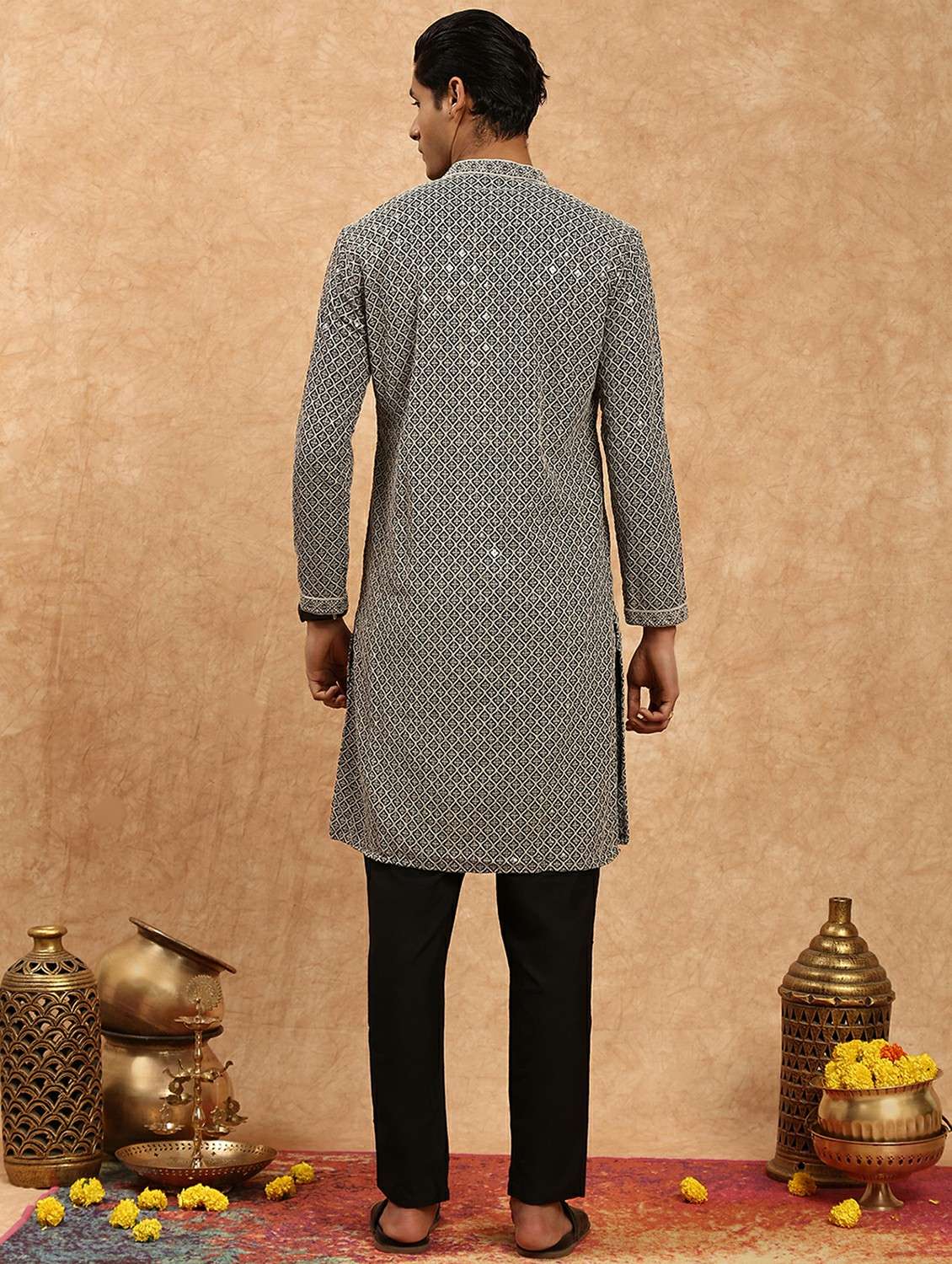 men solid with work mandarin neck long kurta - 22332082 -  Standard Image - 3