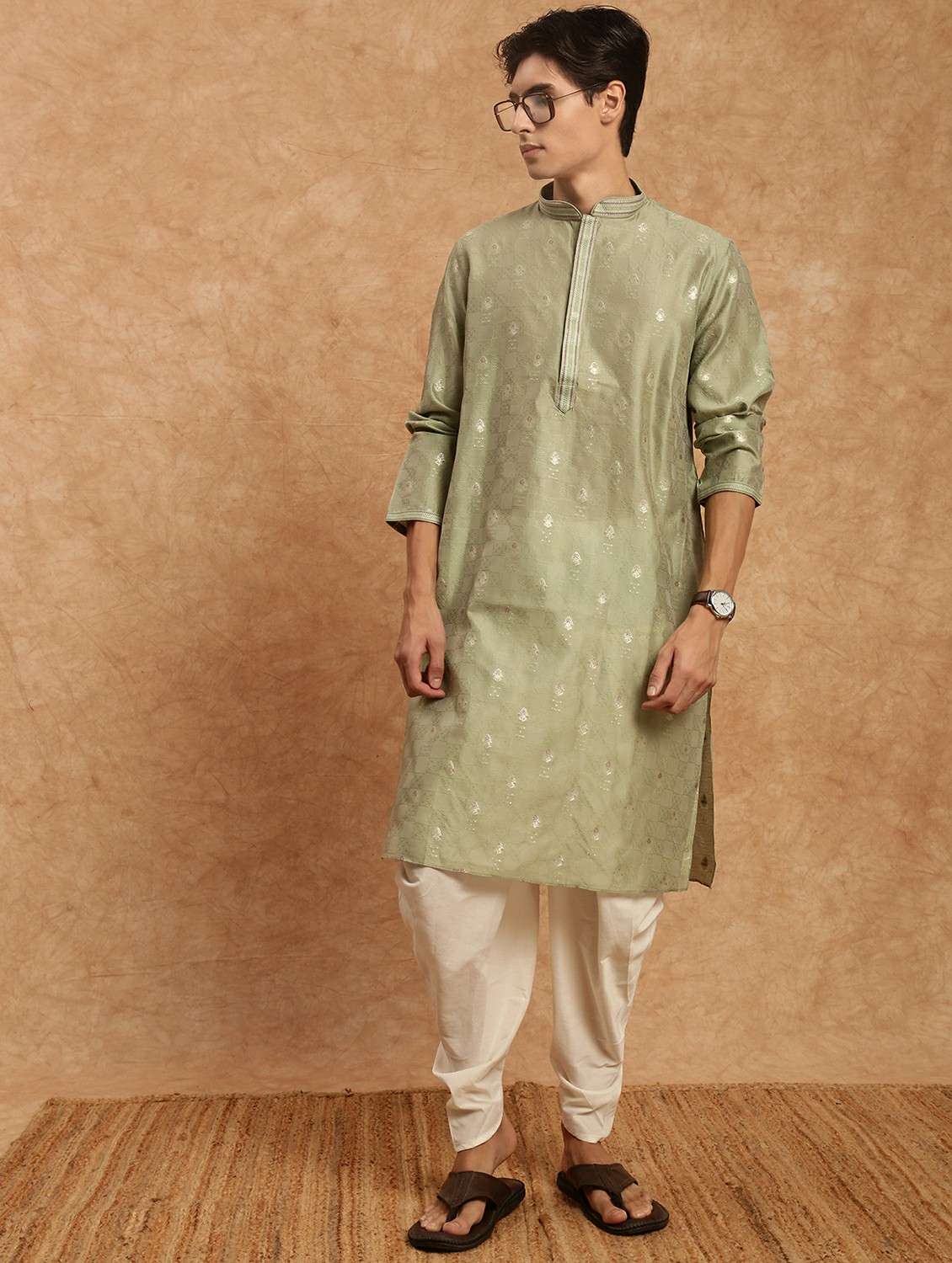 men self design mandarin neck long kurta
