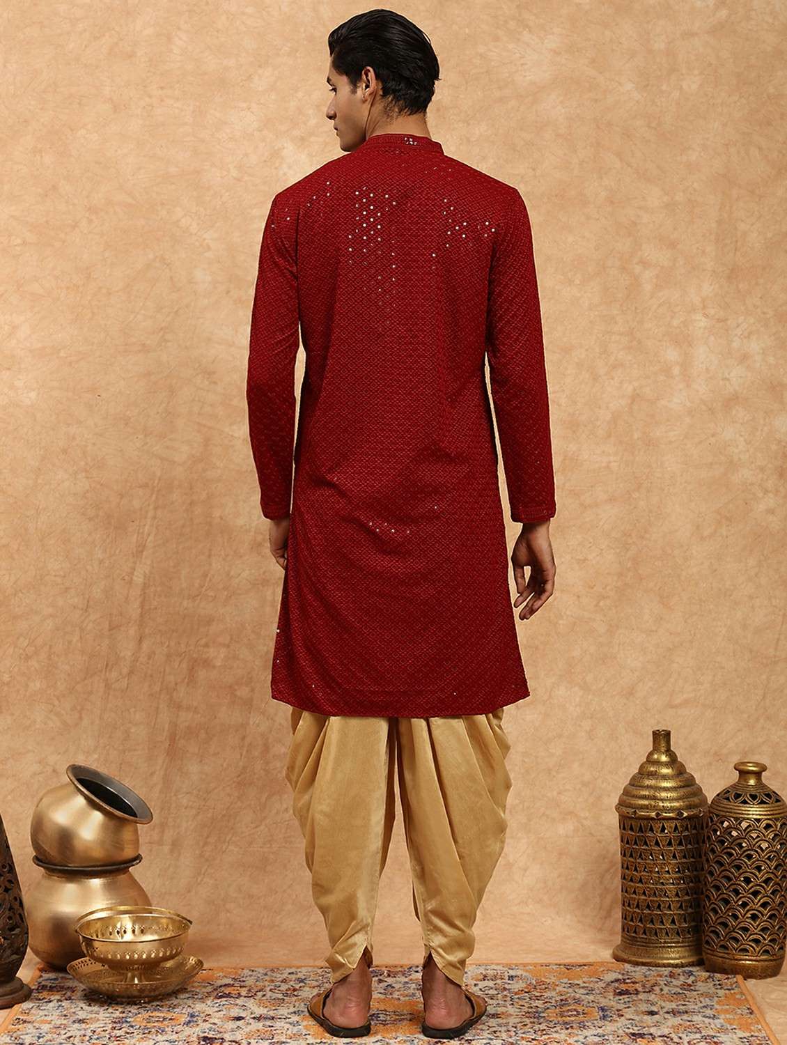men solid with work mandarin neck long kurta - 22332092 -  Standard Image - 3