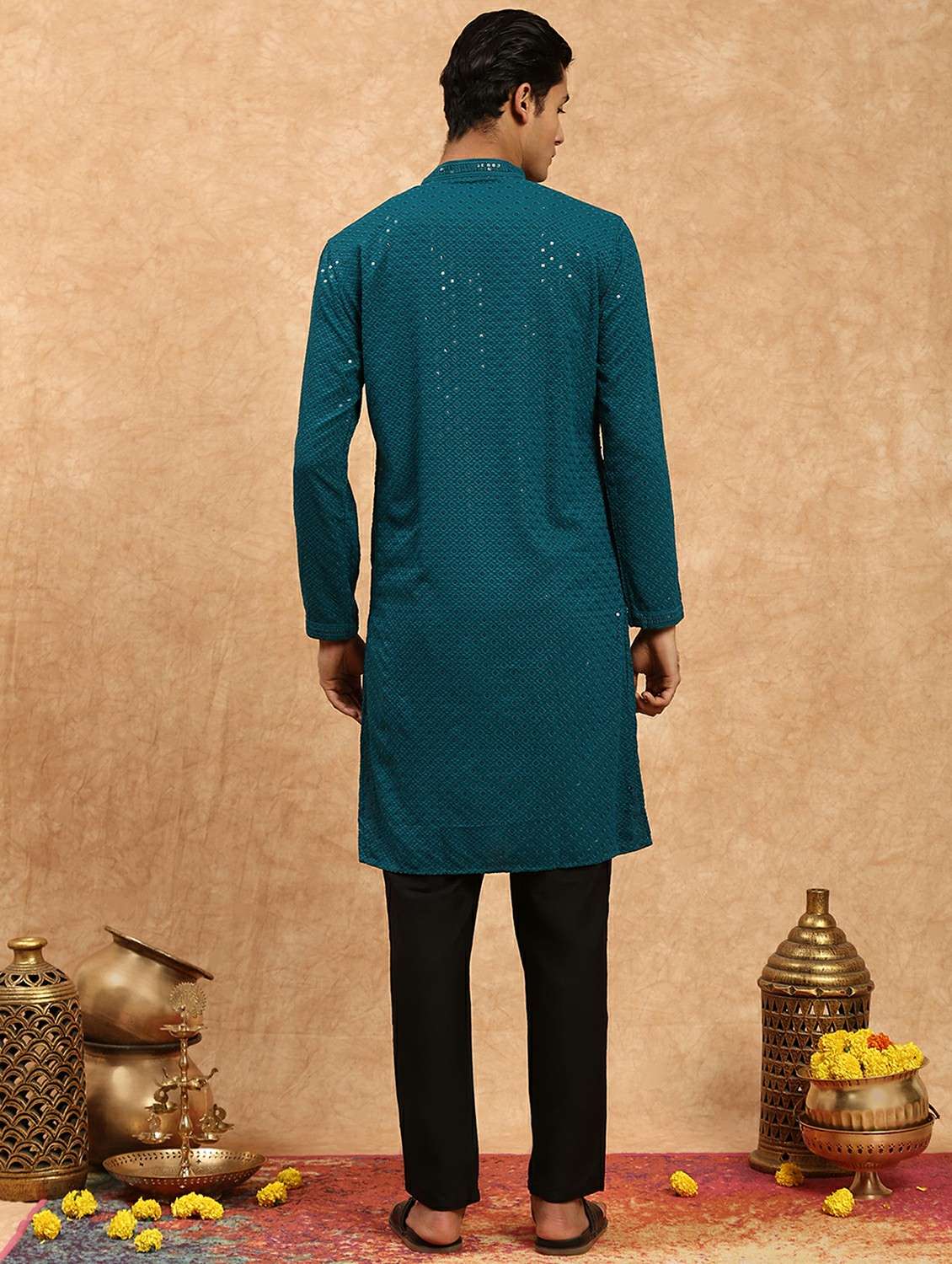 men solid with work mandarin neck long kurta - 22332096 -  Standard Image - 3