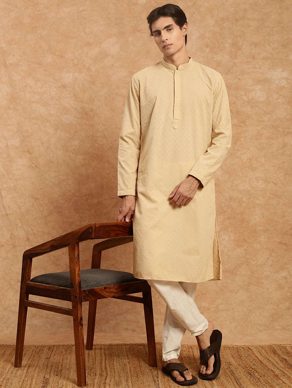 men solid with work mandarin neck long kurta