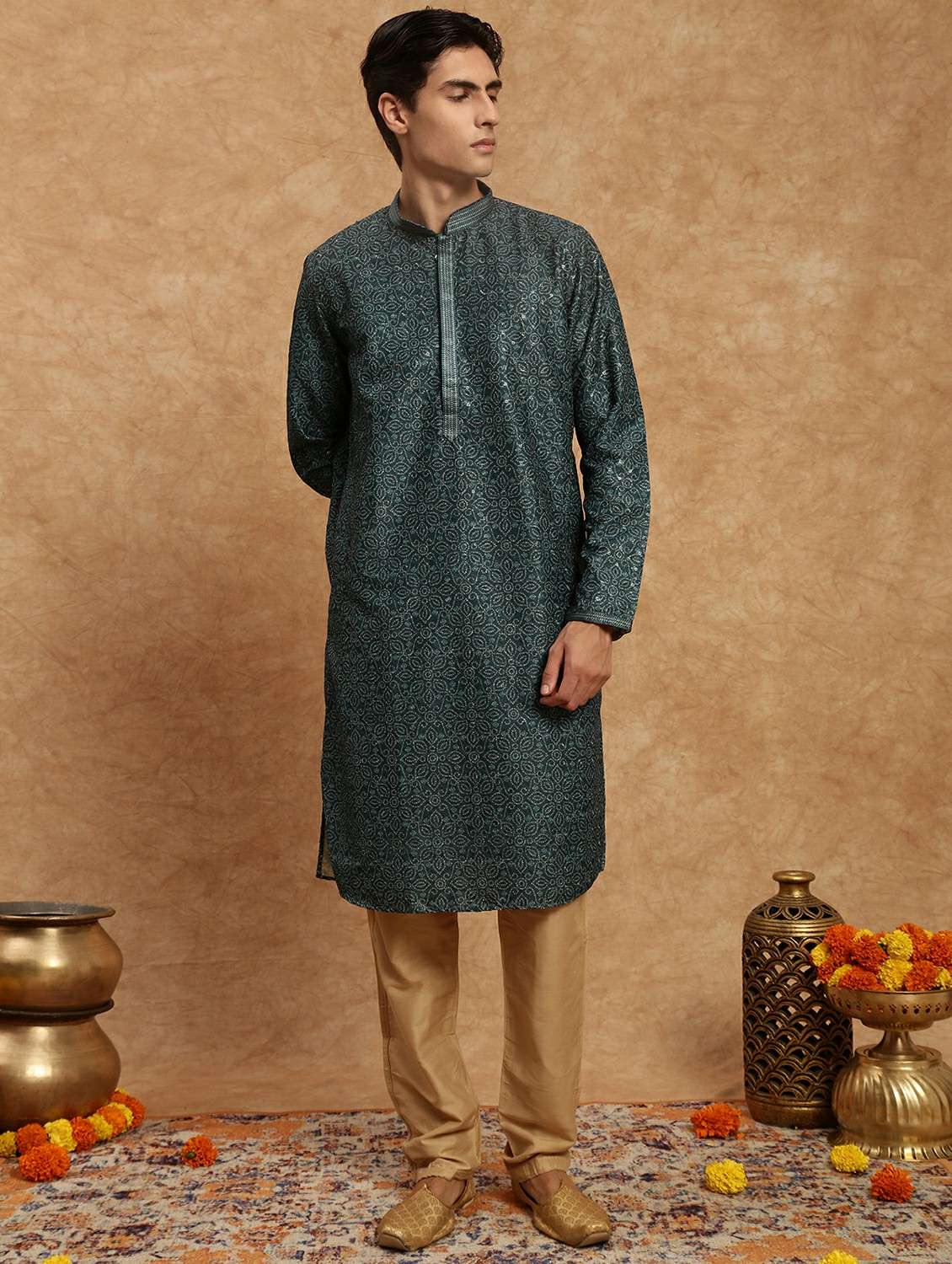 men printed mandarin neck long kurta