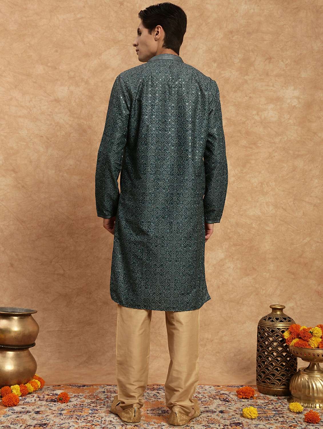men printed mandarin neck long kurta - 22332103 -  Standard Image - 3