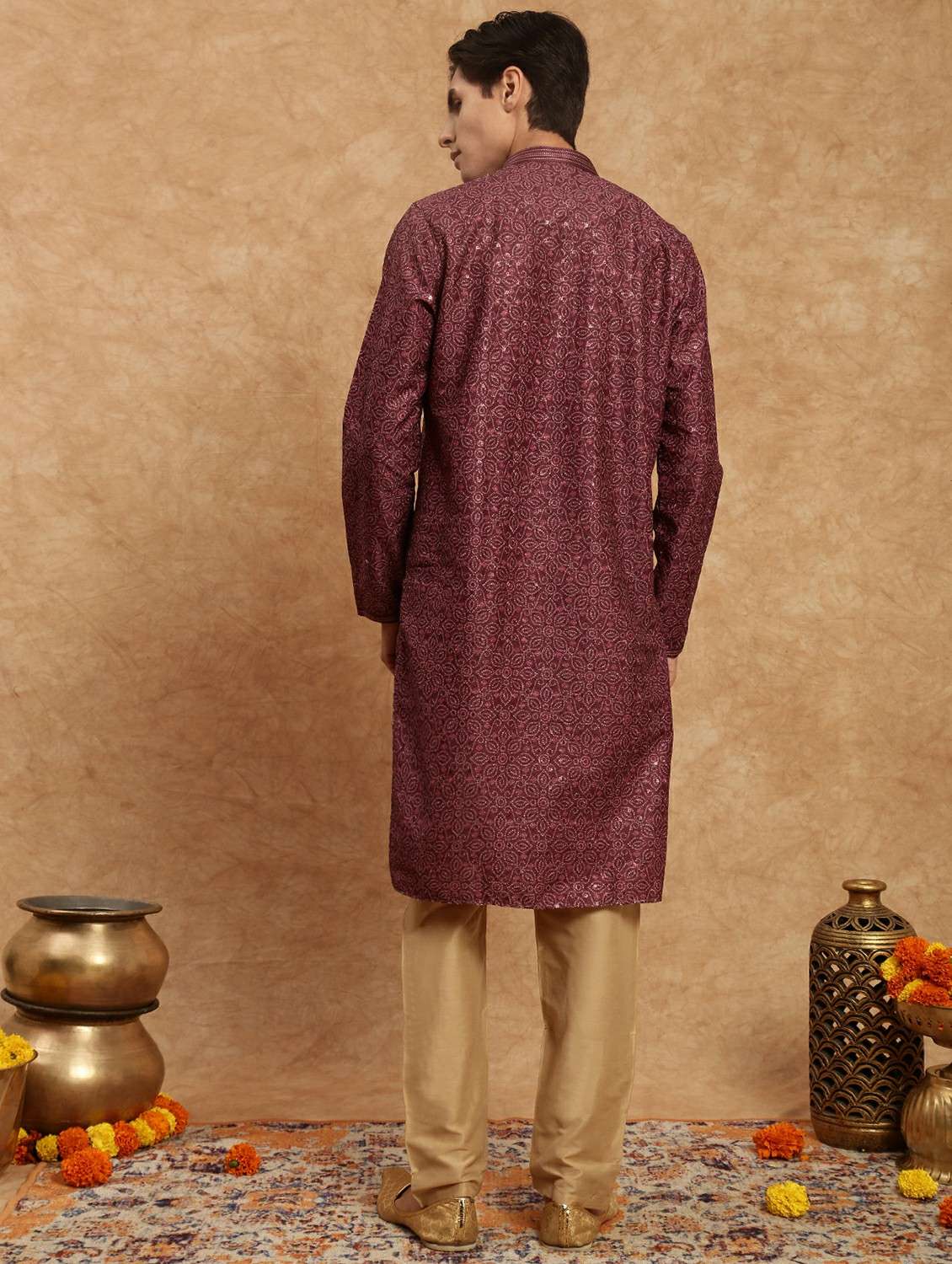 men printed mandarin neck long kurta - 22332104 -  Standard Image - 3