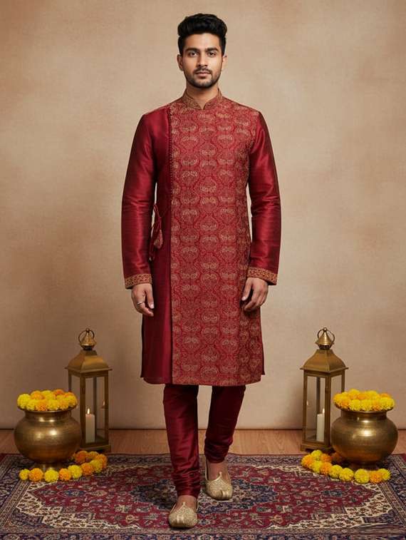 men self design mandarin neck angrakha kurta
