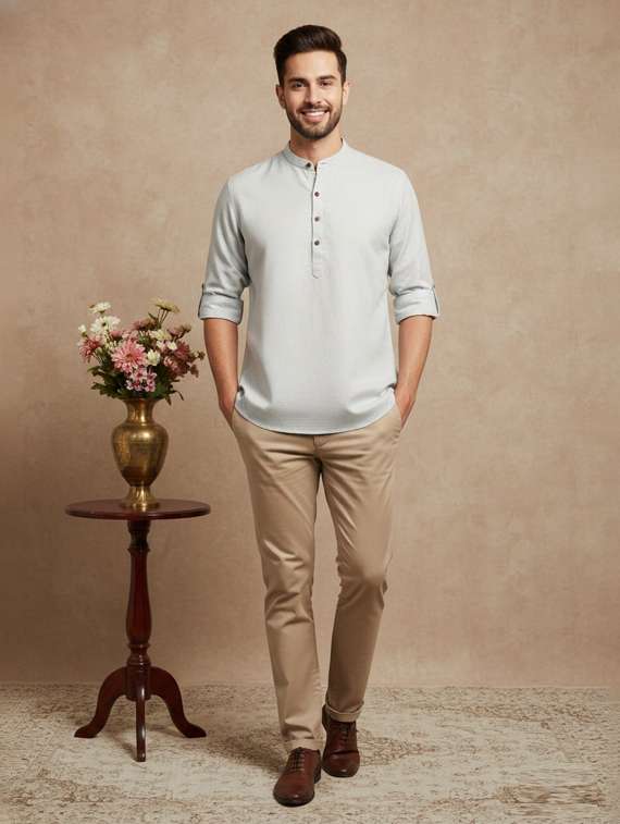 men self design mandarin neck short kurta