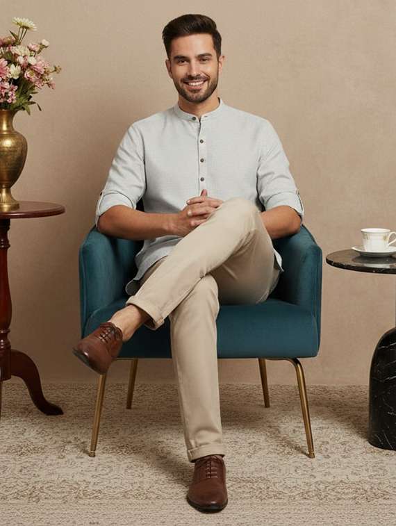 men self design mandarin neck short kurta - 22332120 -  Standard Image - 3