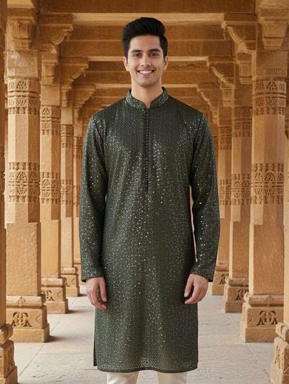 men solid with work mandarin neck long kurta