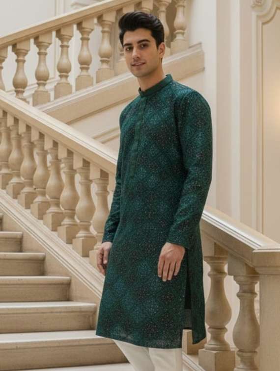 men solid with work mandarin neck long kurta