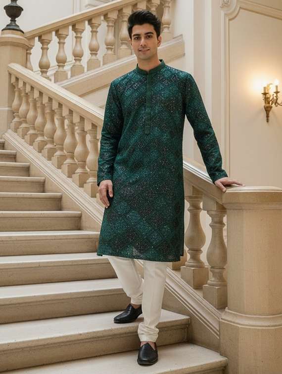 men solid with work mandarin neck long kurta - 22332164 -  Standard Image - 3