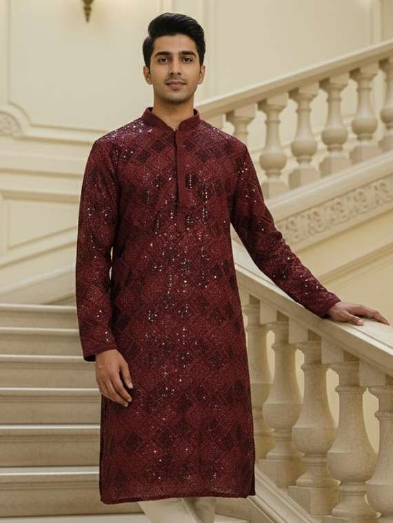 men solid with work mandarin neck long kurta