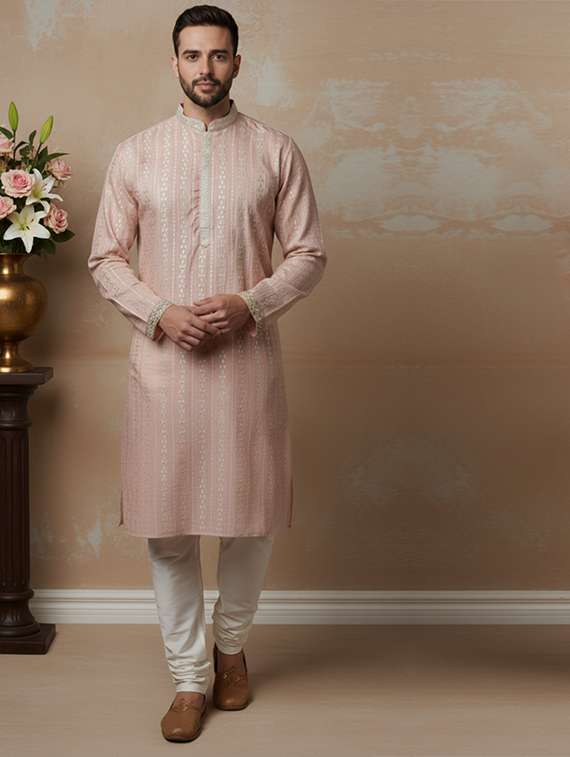 men self design mandarin neck long kurta