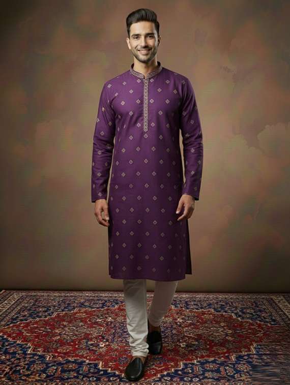 men solid with work mandarin neck long kurta