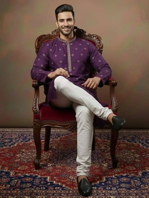 men solid with work mandarin neck long kurta - 22332192 -  Standard Image - 3