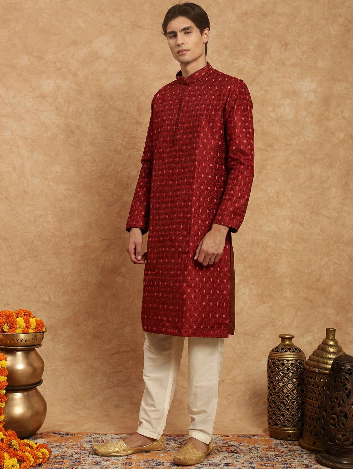 men self design mandarin neck long kurta - 22332193 -  Standard Image - 3