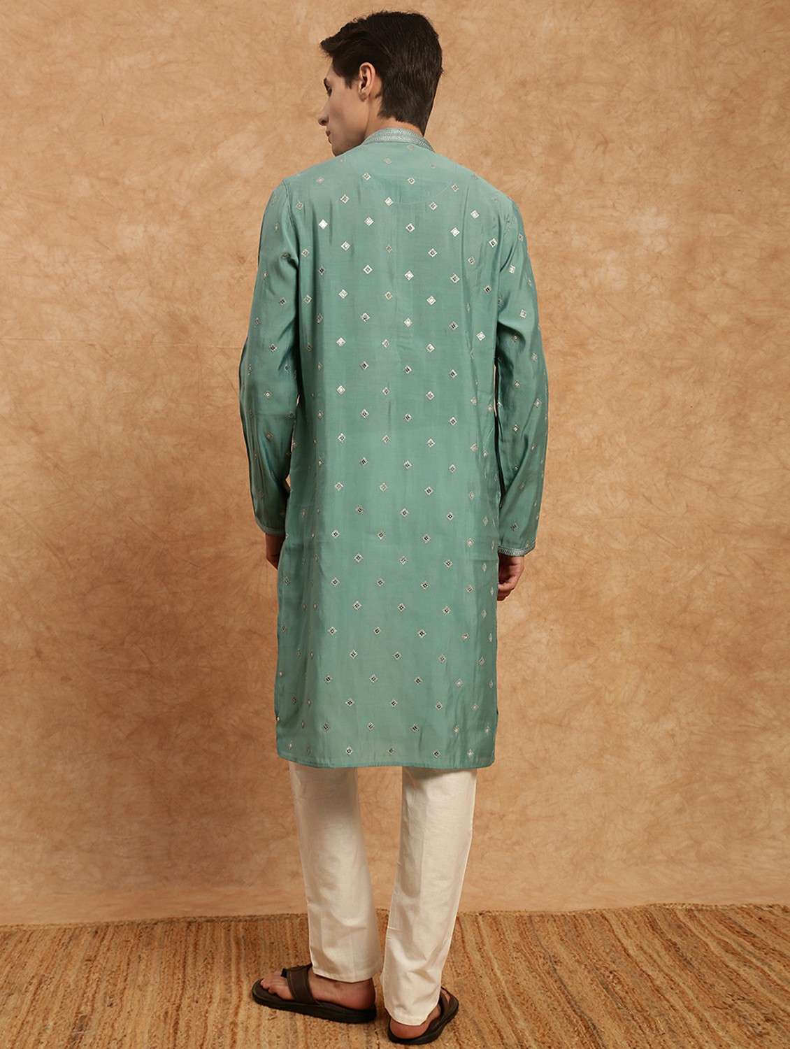 men solid with work mandarin neck long kurta - 22332210 -  Standard Image - 3
