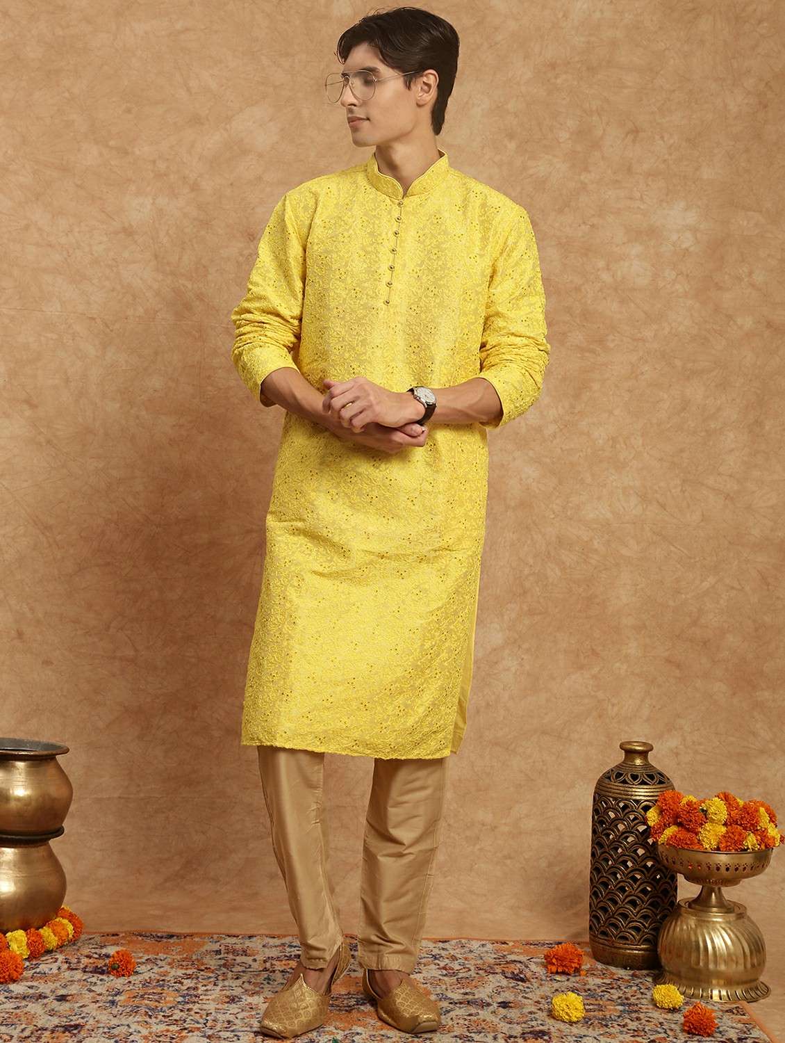 men solid with work mandarin neck long kurta