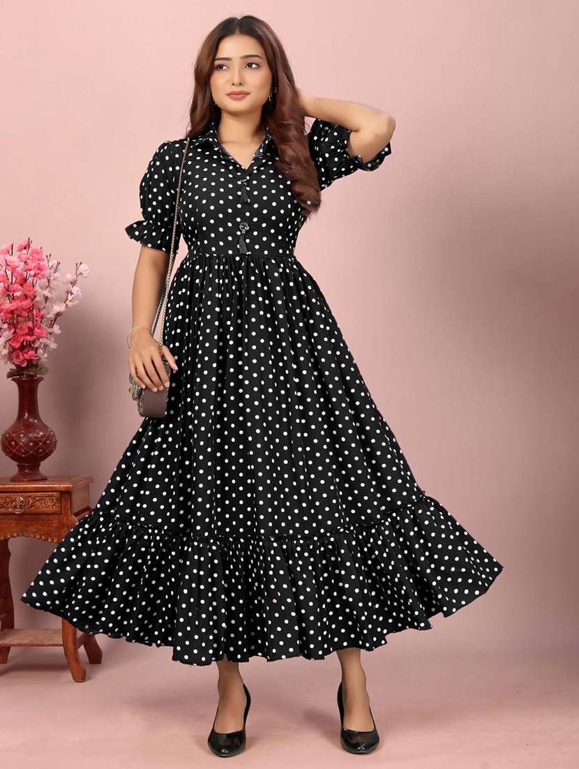 women polka dot printed puff sleeve tiered dress