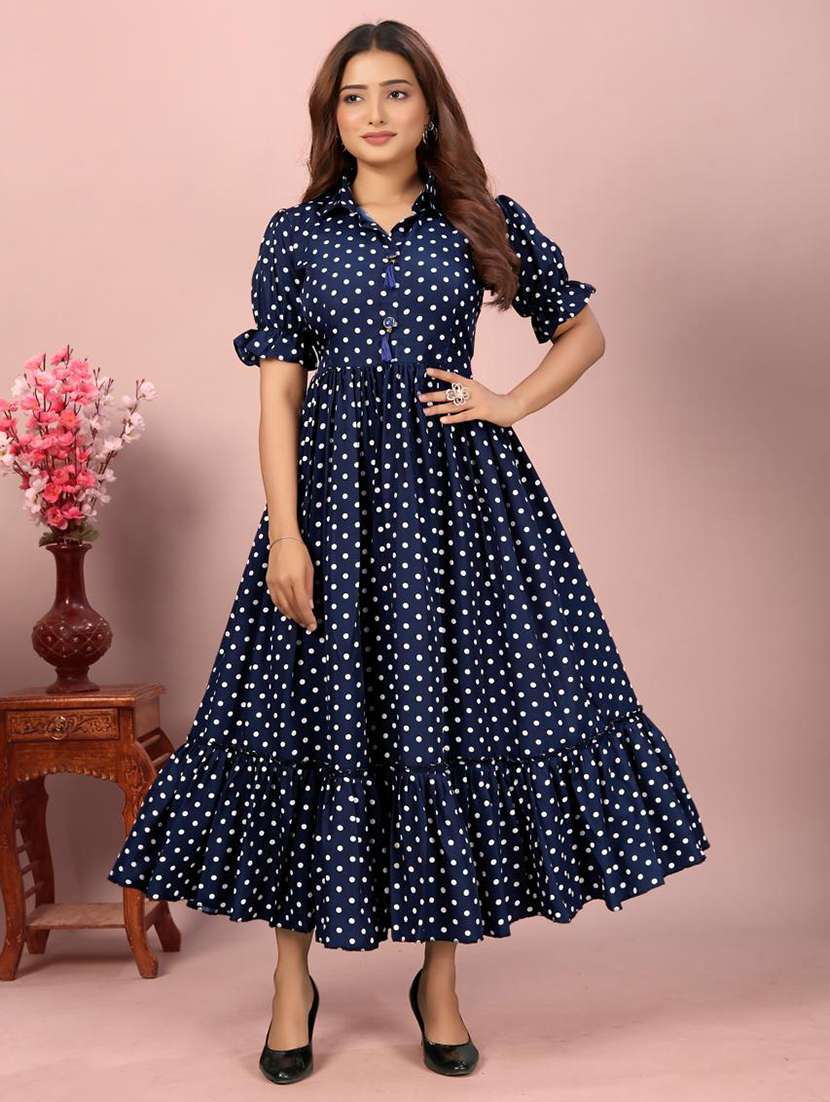 women polka dot printed puff sleeve tiered dress