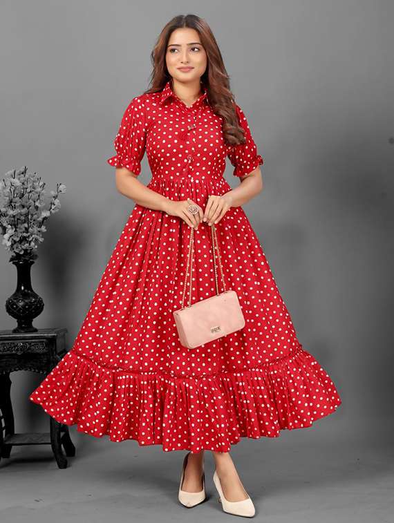 women polka dot printed puff sleeve tiered dress