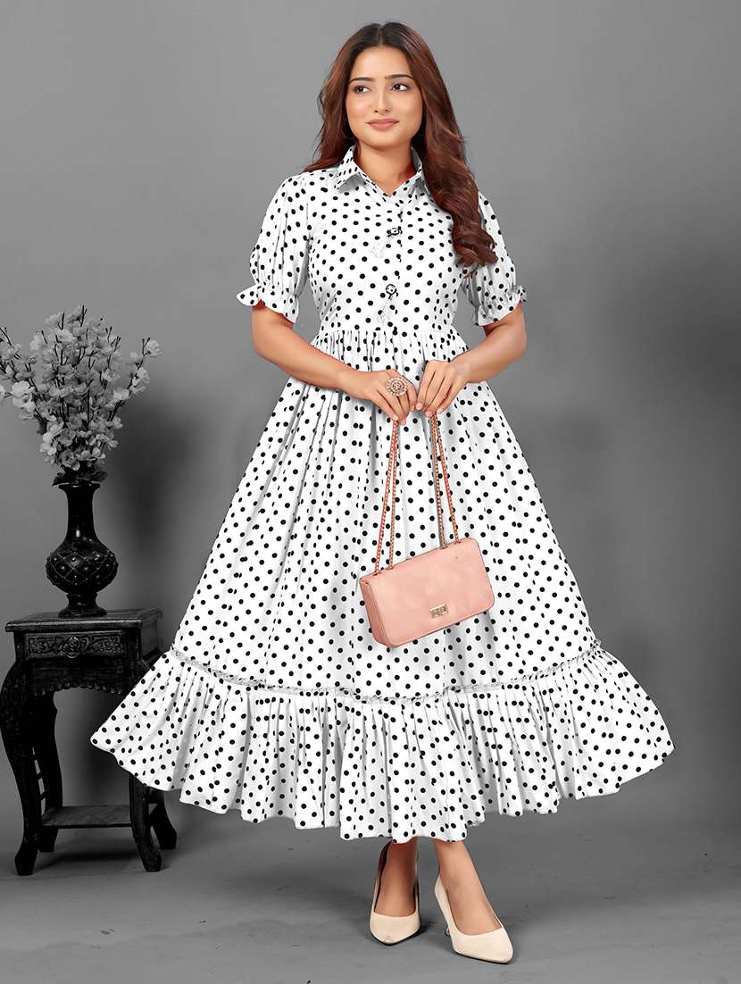 women polka dot printed puff sleeve tiered dress