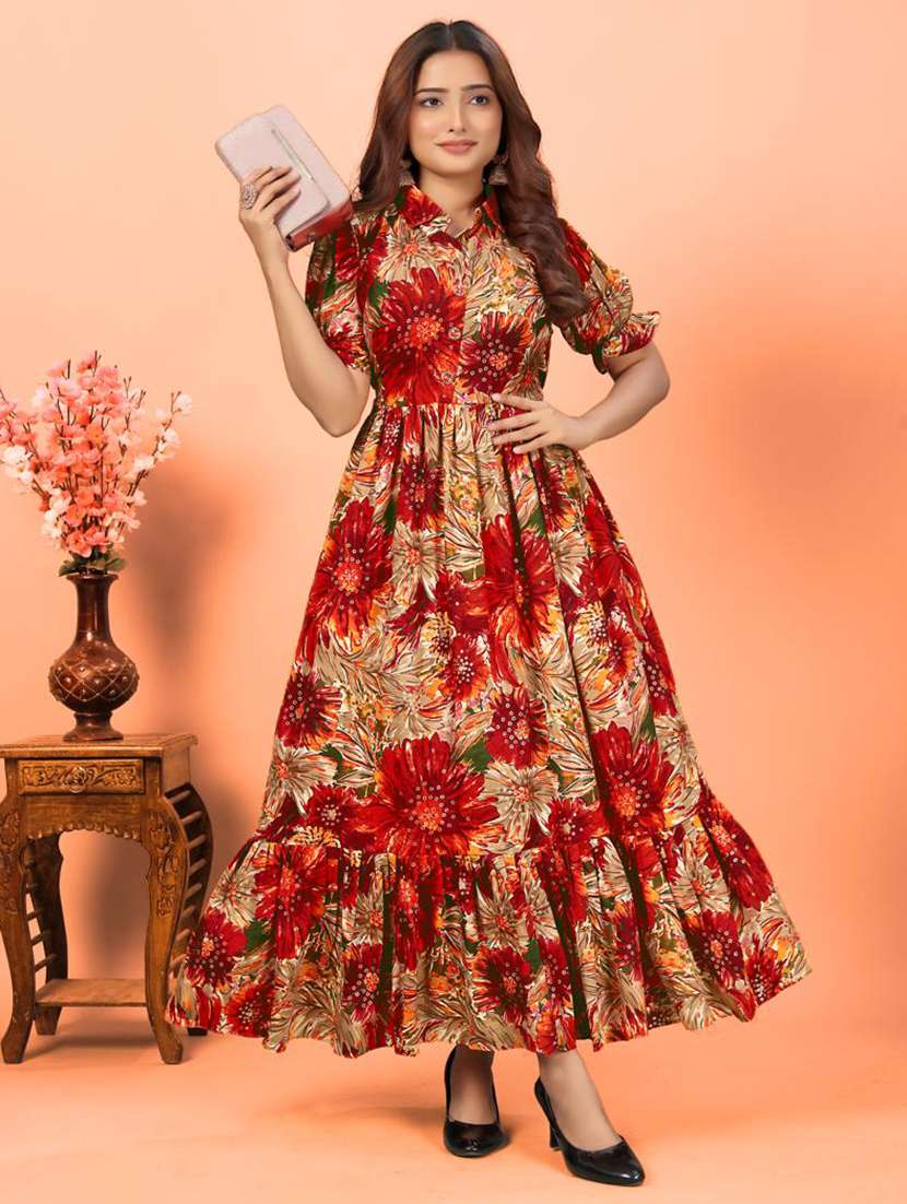 women floral print puff sleeve tiered dress