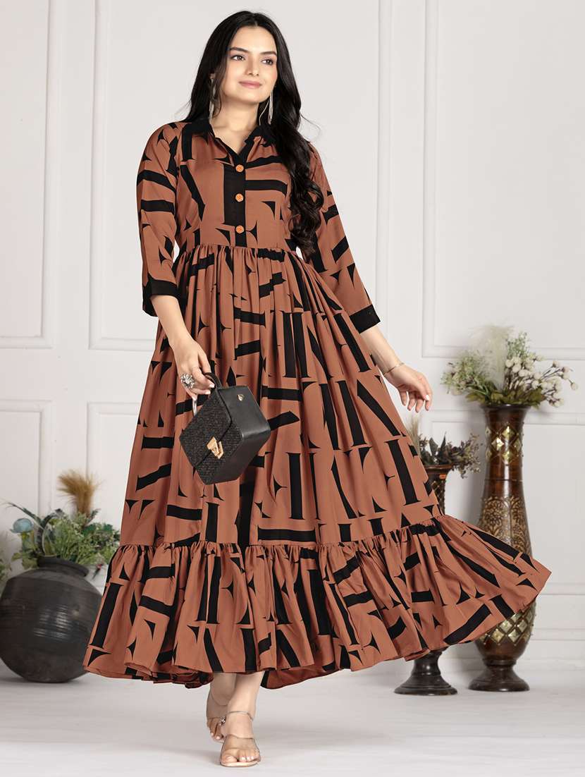 women printed three quarter sleeve tiered dress