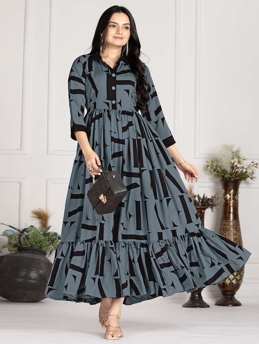 women printed three quarter sleeve tiered dress