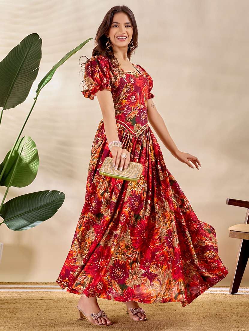 women floral print puff sleeve fit & flare ethnic dress 