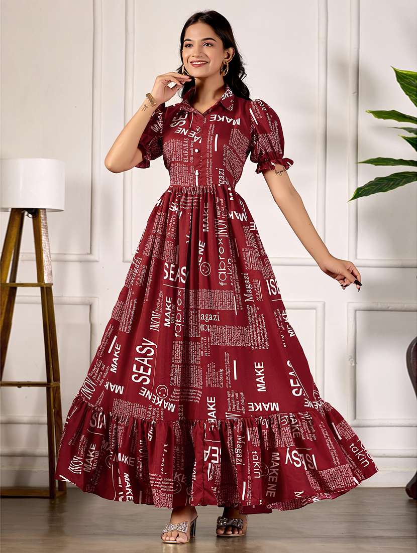women typographic puff sleeve tiered dress 