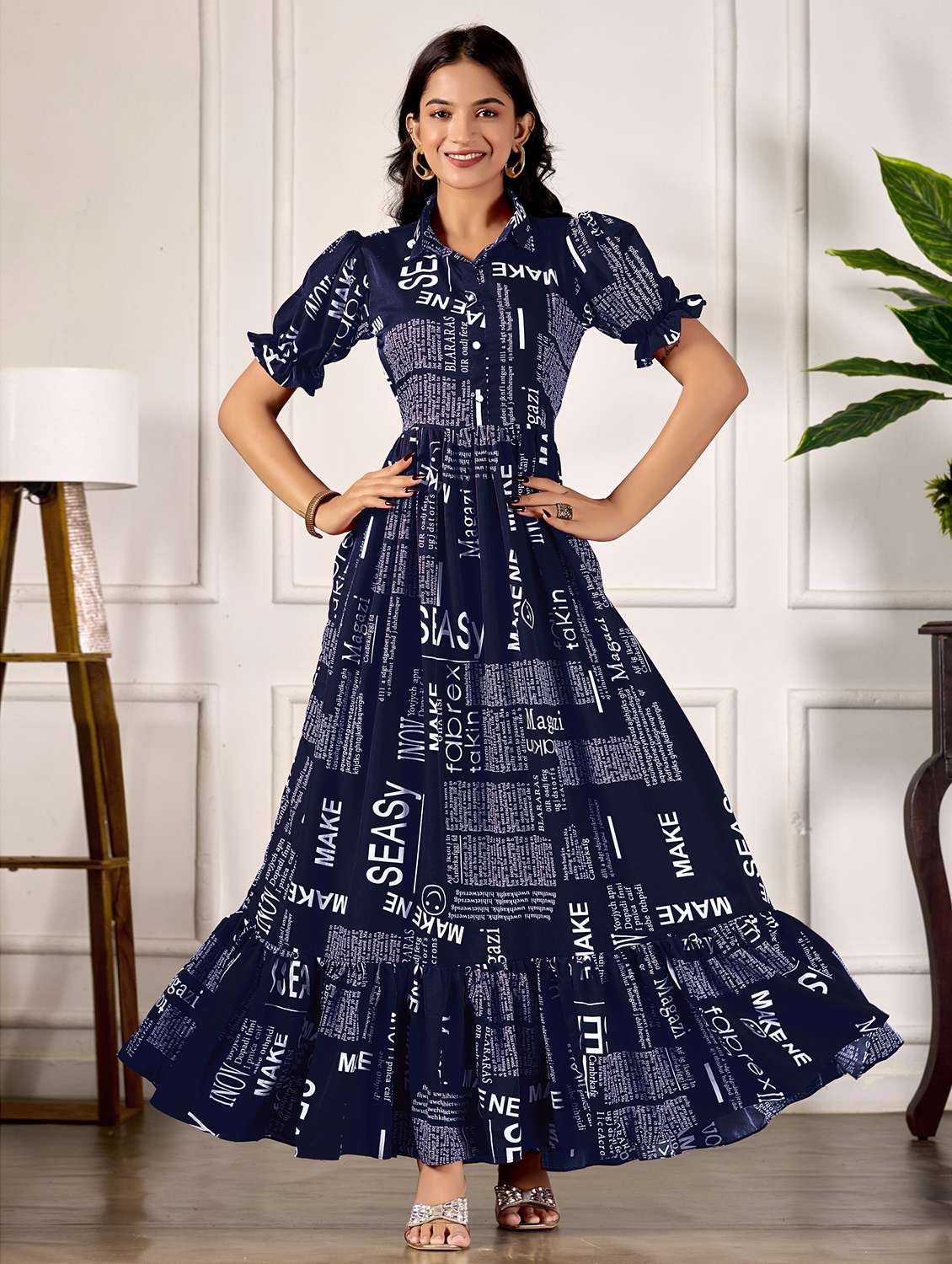 women printed puff sleeve  dress