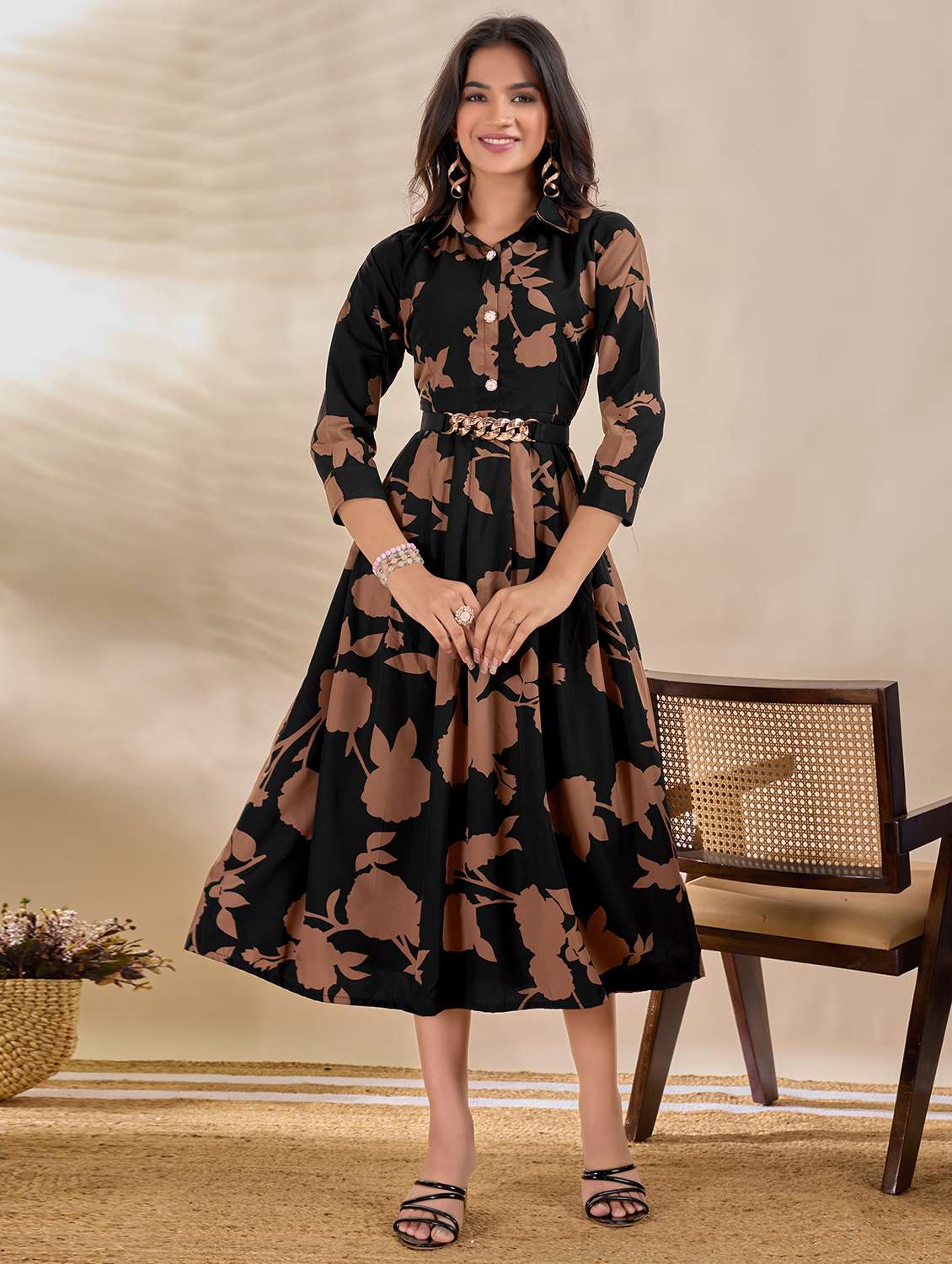 brown crepe fit & flare dress