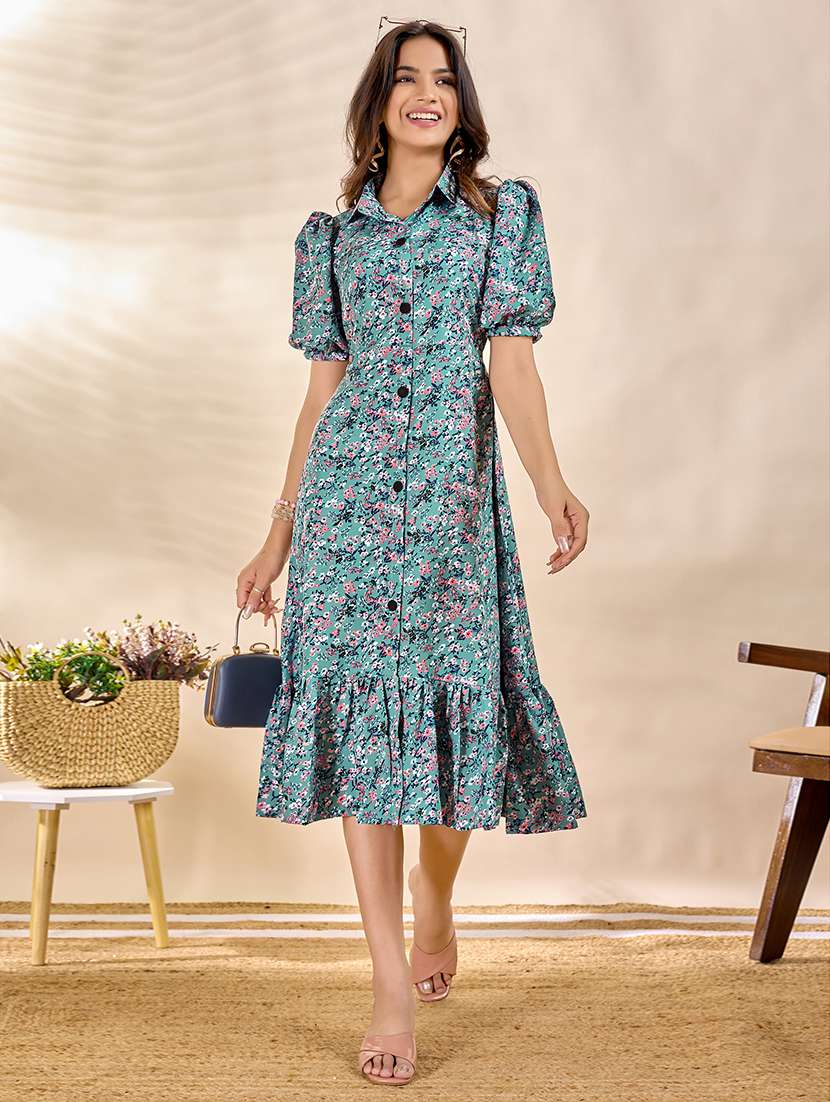 women floral print puff sleeve tiered dress