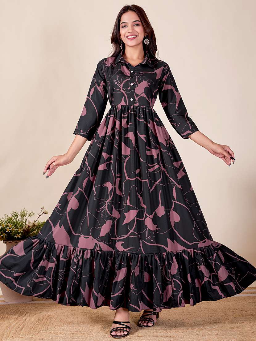 women printed three quarter sleeve tiered dress