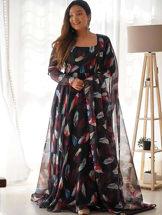 women printed long sleeve anarkali kurta with dupatta set
