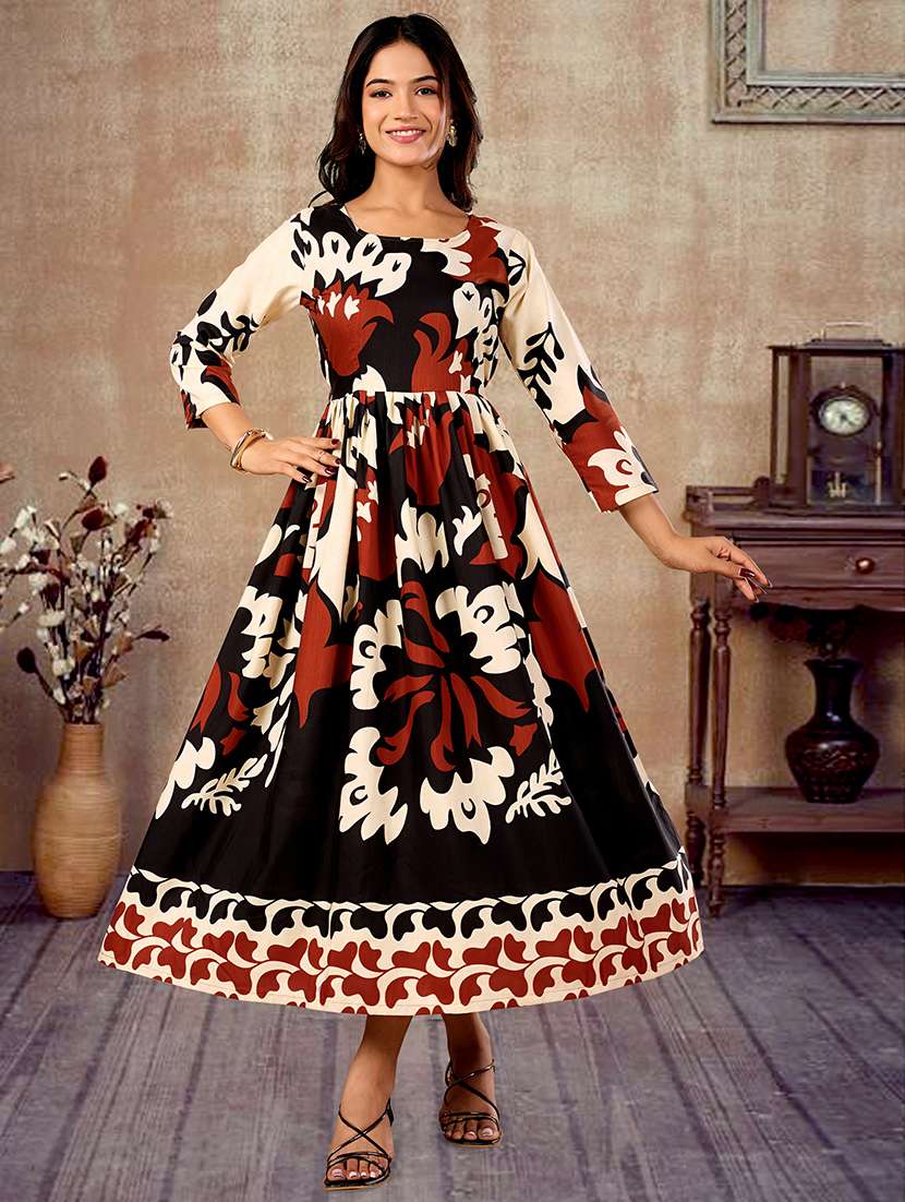 women floral print three quarter sleeve fit & flare dress 