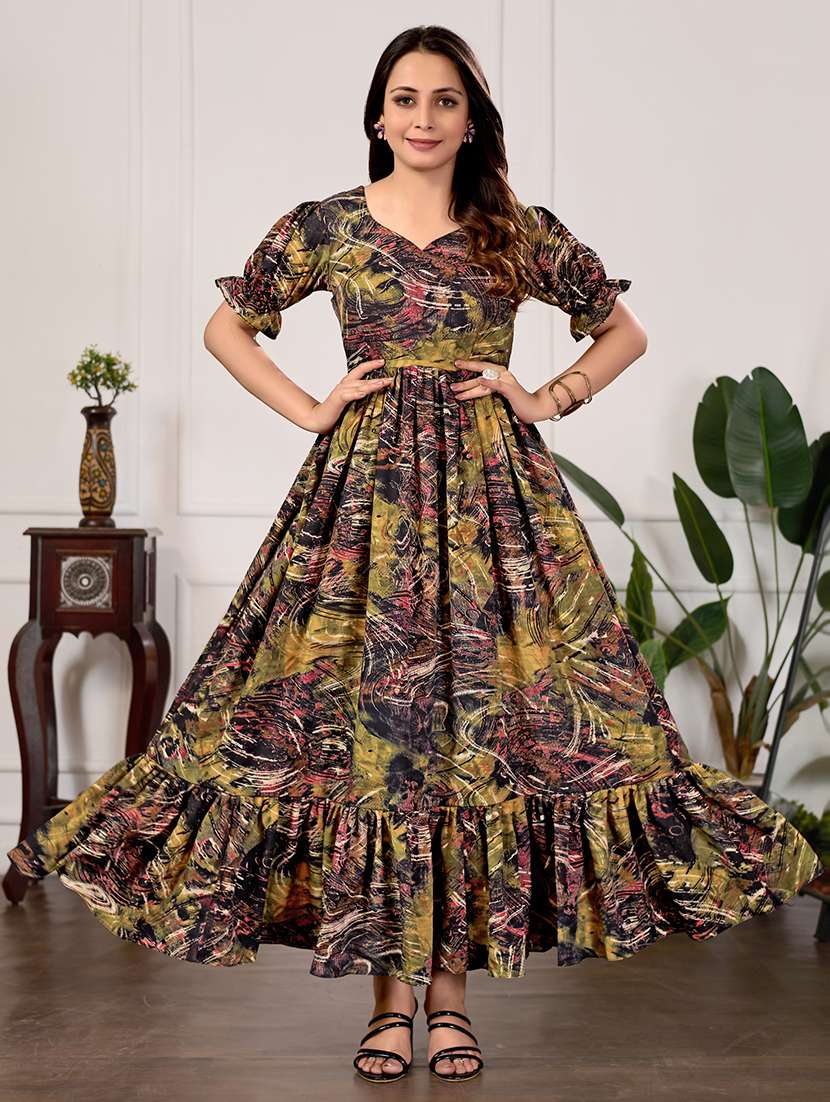 women abstract print puff sleeve tiered dress