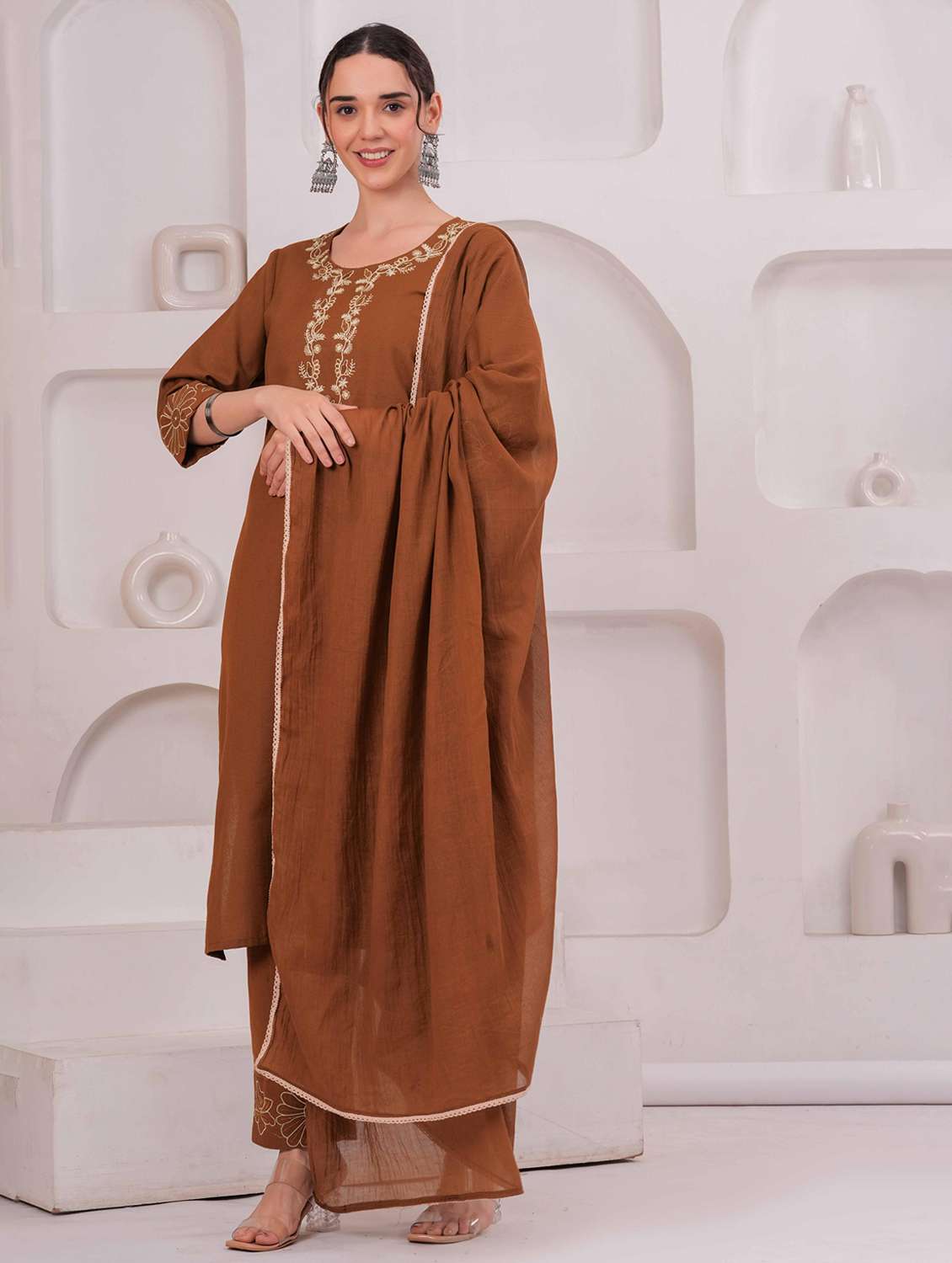 women solid with work round neck kurta pant with dupatta set - 22332248 -  Standard Image - 3
